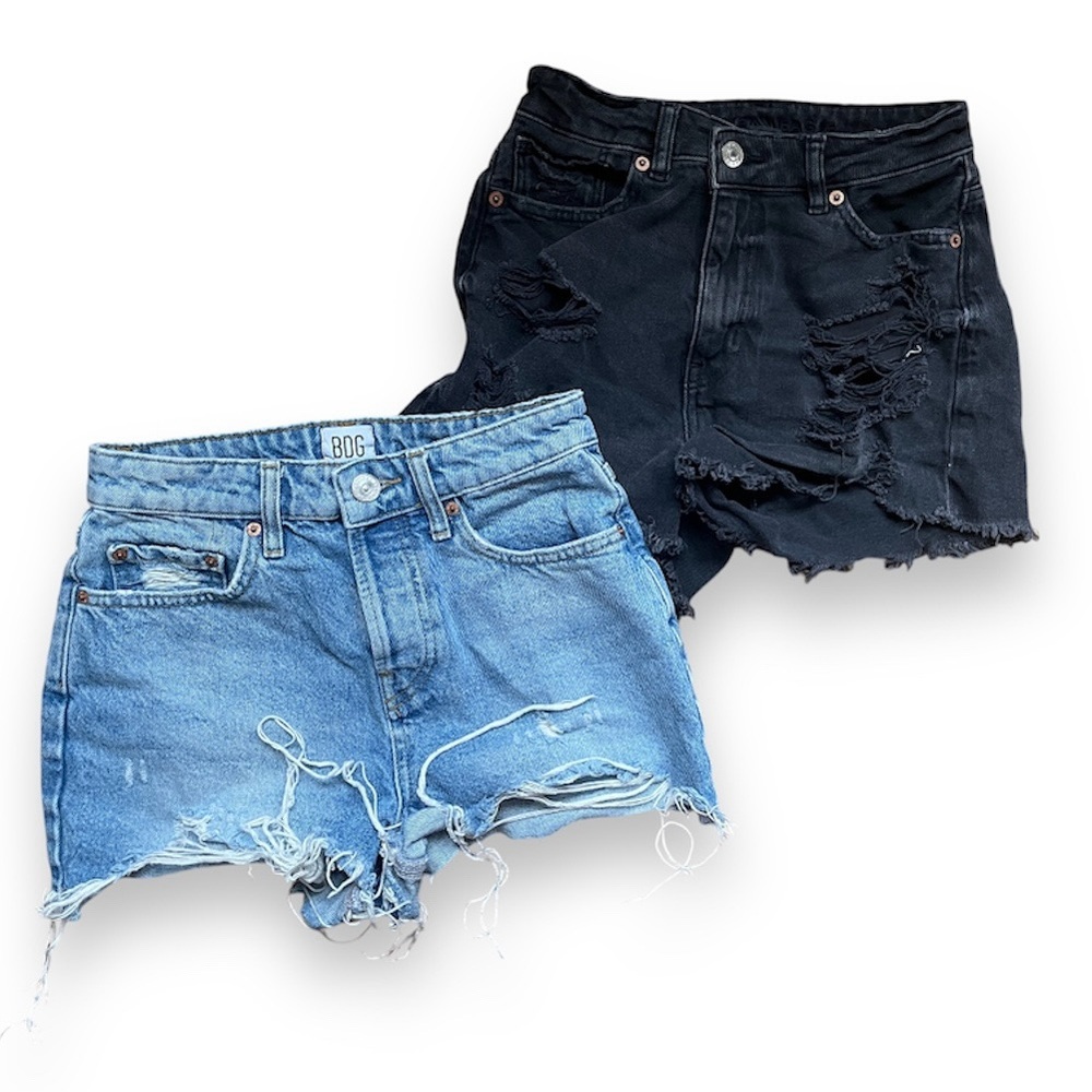 2 pairs Jean shorts with distraction details. BDG+ American Eagle sz 25/00